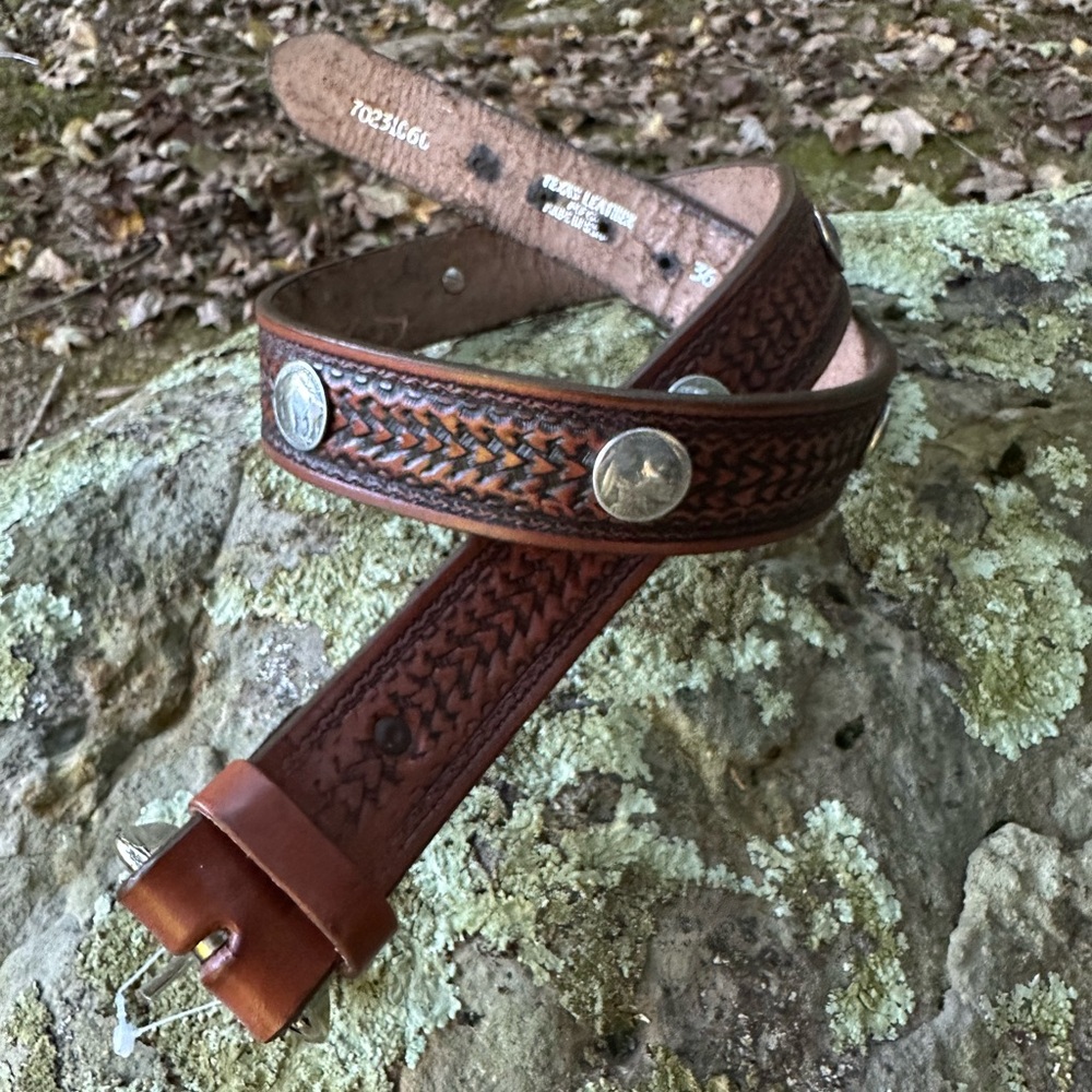 Texas leather made in the USA brown and silver coin belt size 36